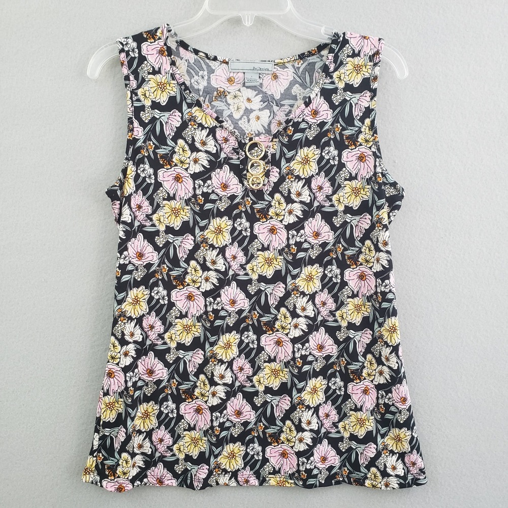 By Design Womens S Tank Top Black Floral Sleeveless Round Neck Stretch Casual